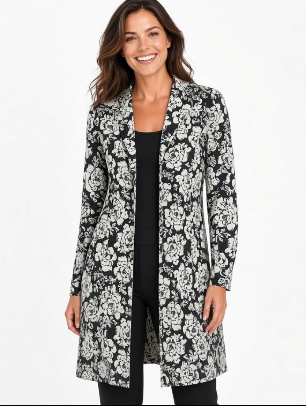 Jillan Jones Floral Lightweight Open-Front Long Linen Cardigan Coat  (Sz:8)